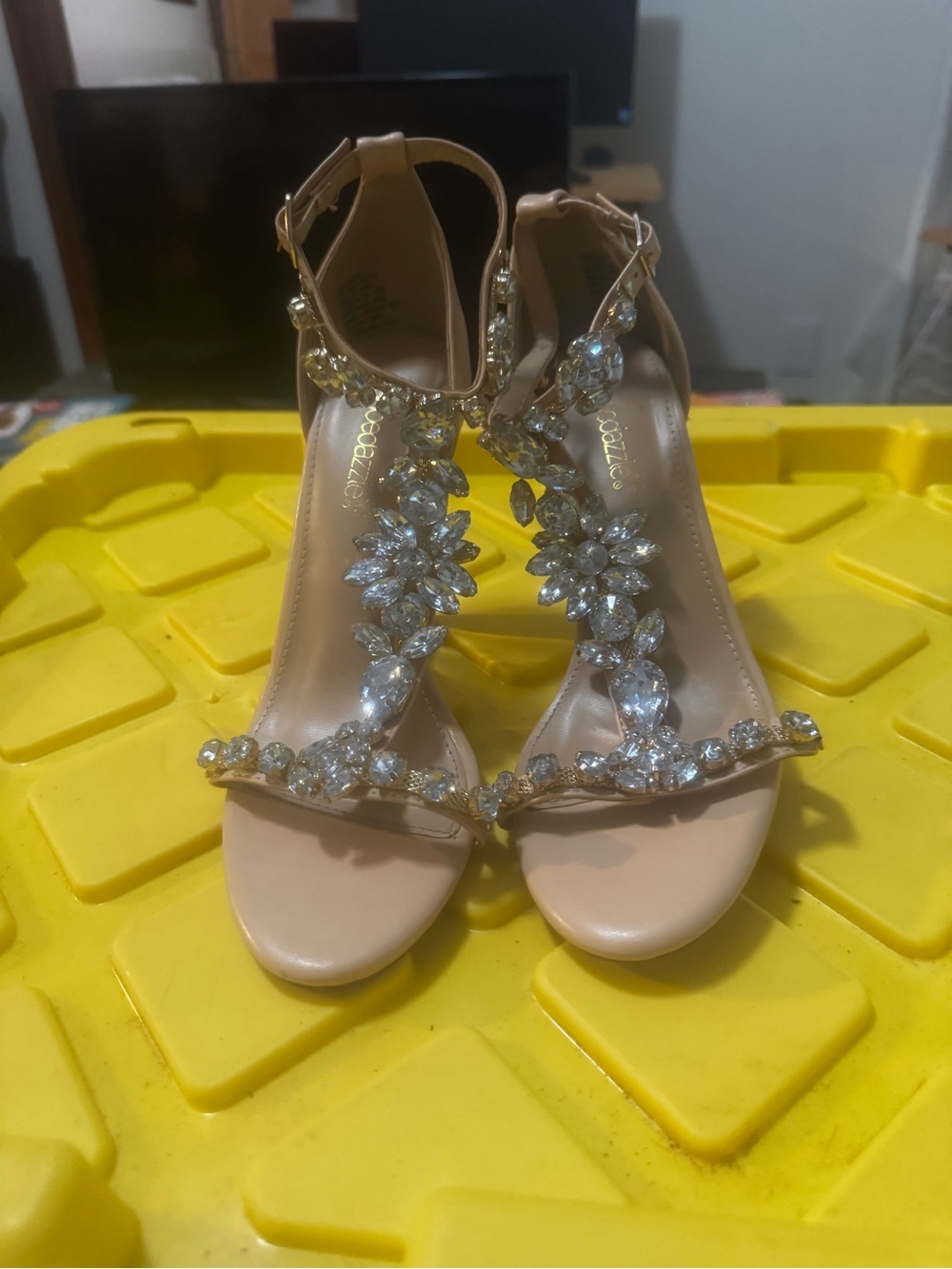 Jeweled Nude T-Strap Heels with Ankle Strap